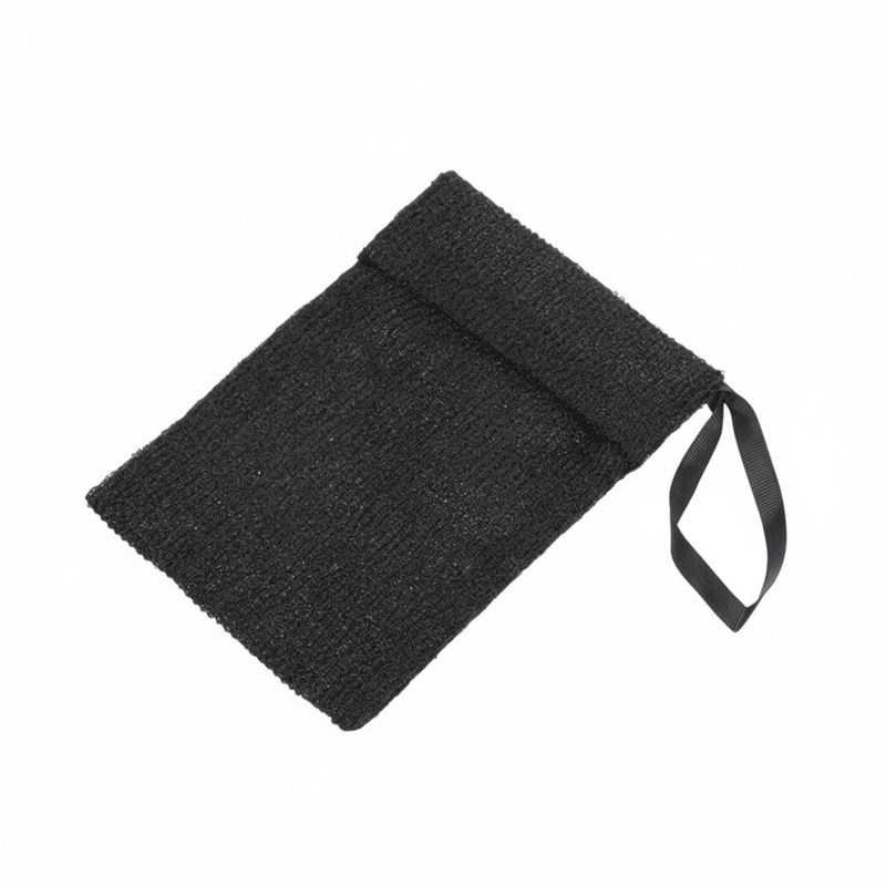 Black textured soap saver bag with hanging loop for natural soap bars