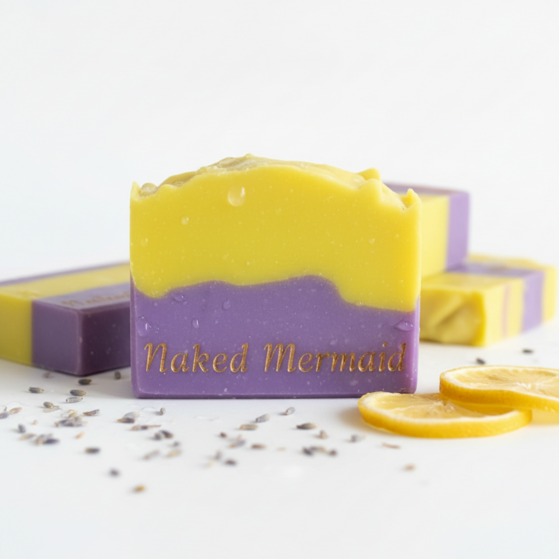 Yellow and purple artisan soap bar scented with lemon and lavender
