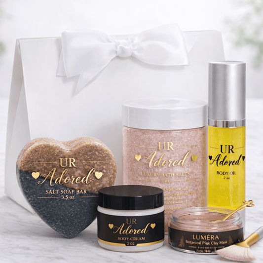 UR Adored luxury skincare gift set with body cream, bath salts, soap bar, body oil, Luméra clay mask, scented in Cheriso 76 fragrance.
